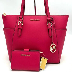 Michael Kors Large Charlotte Tote Bag & MD Bifold Zip Chain Wallet Electric Pink